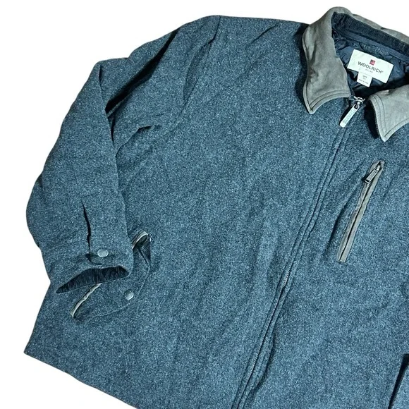 Woolrich Coat Men 2XL Wool Jacket Gray Full Zip Suede Leather Collar Quilt Lined